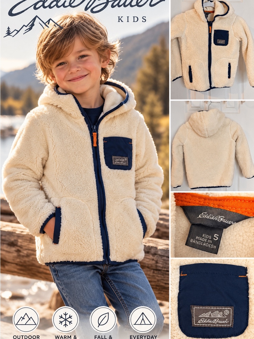 Cozy Eddie Bauer kids sherpa fleece jacket in a soft cream/ivory color with navy